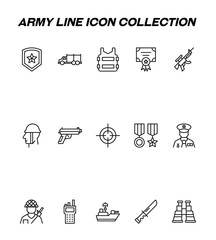 Army line icon set. Set of modern high quality army line icons. Editable stroke. Premiul linear symbols of military emblem, car, bullet proof vest, award, orders, target, gun