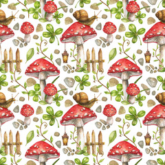 Watercolor seamless pattern with illustration of fabulous amanita mushrooms, cute snail, wooden fence, lantern, green clover leaves