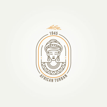 Beautiful African Woman Badge Logo Design. African Woman With Turban Line Art Emblem Logo Template Vector Illustration Design