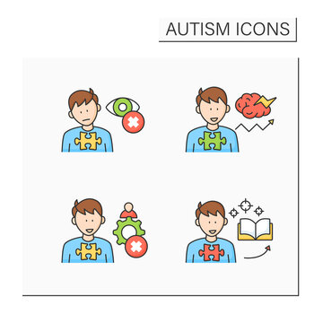 Autism spectrum disorder color icons set.Inappropriate social interaction, eye contact avoidance, intense focus on one topic.Neurodevelopmental disorder concept. Isolated vector illustrations