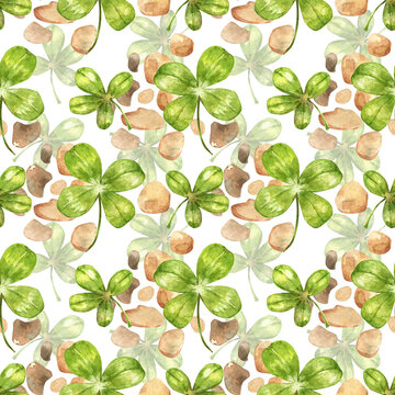 Watercolor seamless pattern with illustration of green clover leaves and decorative stones