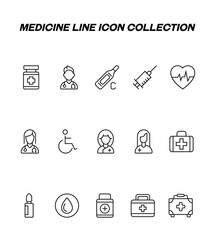 Industry concept. Collection of modern high quality medicine line icons. Editable stroke. Premium linear symbols of female doctor, syringe, pulse, blood drop, wheelchair