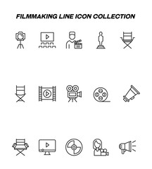 Industry concept. Collection of modern high quality filmmaking line icons. Editable stroke. Premium linear symbols of photo camera, cinema hall, film director, loud speaker, cine film