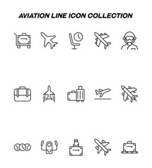 Industry concept. Collection of modern high quality aviation line icons. Editable stroke. Premium linear symbols of luggage, plane, pilot, cabin, seat, clocks