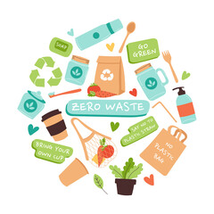 Plastic free products flat  illustrations set. Reusable and recyclable eco friendly items isolated cliparts. Zero waste Bag, Container, Bottle and Others