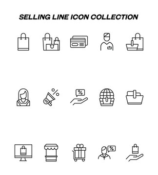 Industry concept. Collection of modern high quality selling line icons. Editable stroke. Premium linear symbols of shopping bag, store, loud speaker, percent, sale etc