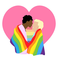 Love of two men, LGBT couple. Rainbow lgbt flag. Flat vector illustration.