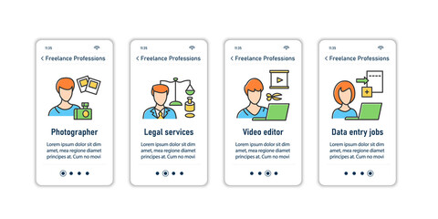 Freelance professions onboarding mobile app screens. Photographer, legal services, video editor, data entry job. Careers steps menu. Set of UI, UX, web template with RGB color linear icons