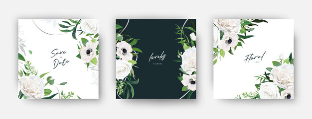 Stylish vector card set. Ivory white garden roses, anemone flowers, lilac branch, eucalyptus green leaves, greenery, silver abstract lines watercolor bouquet frame, border. Editable floral decoration. - obrazy, fototapety, plakaty