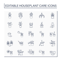Houseplants care line icons set.Tropical plant interior decor. Beautiful home plant in hanging pot. Gardening concept.Isolated vector illustration.Editable stroke