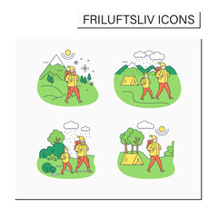 Friluftsliv color icons. Family hiking. Green, eco tourism. Adventure tourism. Nature landscape. Nordic outdoor activities concept.Isolated vector illustrations
