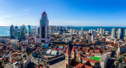 Aerial photography China Qingdao city architecture skyline