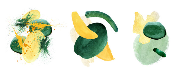 Abstract Arragements watercolor art. Christmas composition art. Green, yellow splash, shape, spray elements on shite background. Logo design, poster, wall art, poster