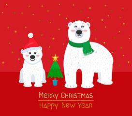 greeting card merry Christmas. Polar bear mom with her bear cub dressed as Santa.