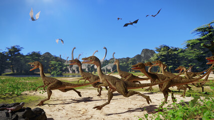 Compsognathus longipes,  group of small dinosaurs with swarm of Pterosaur and herd of Brachiosaurus in the background © dottedyeti