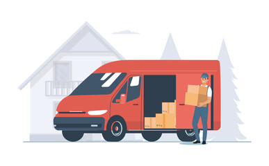 Delivery service concept. Cargo van and courier. Vector illustration.