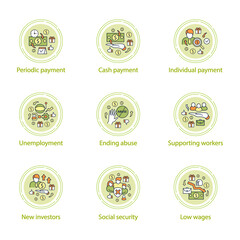 Fototapeta na wymiar Universal basic income concept icons set. Supporting workers, new investors, social security, individual payment, ending abuse.Global economy concept. Vector isolated conception metaphor illustrations