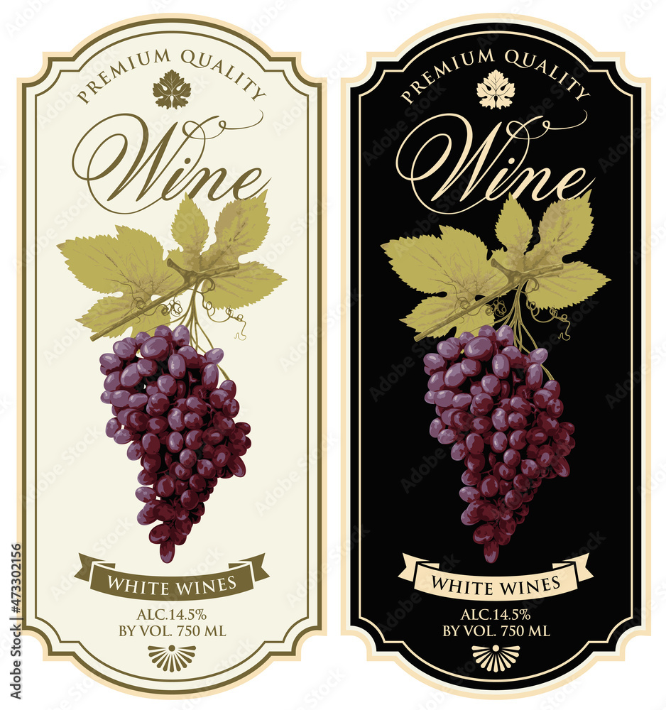 Wall mural set of vector wine labels with realistic bunches of delicious red grapes and calligraphic inscriptio