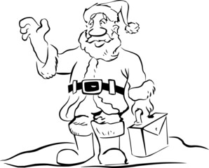 Santa in a hat and coat is holding a briefcase and waving
