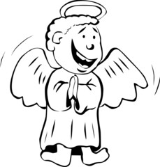 An angel with wings and a halo flies with folded hands and smiles
