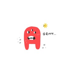 Cute monster. Funny red creature, little mutant or alien, spooky fantasy character with text, childish collection, kids poster, t-shirt print or card, vector cartoon flat style isolated illustration