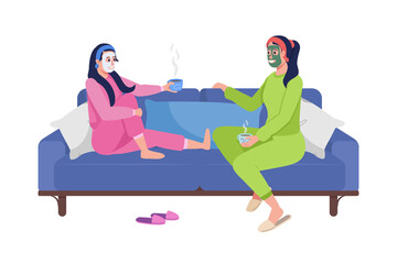 Relaxing day for mom and daughter semi flat color vector characters. Full body people on white. Applying masks and talking isolated modern cartoon style illustration for graphic design and animation