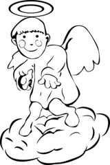 An angel with wings and a halo is on a cloud and dancing
