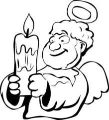 An angel with wings and a halo holds a lighted candle in front of him
