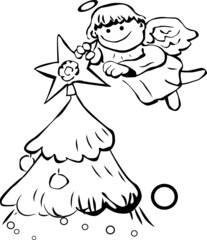 A little angel with wings and a halo hangs a star on the top of a decorated Christmas tree
