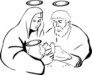 Mary and Joseph look at the baby Jesus lying in the manger
