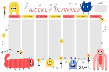Weekly planner. Cute monsters cartoon notebook sheet template, poster for kids, mutants or aliens spooky character childish stationery design, pastel colors, vector comic flat isolated concept