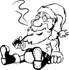 Santa in a hat and glasses is sitting on the ground smoking a pipe
