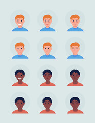 Diverse men facial expressions semi flat color vector character avatar set. Portrait from front view. Isolated modern cartoon style illustration for graphic design and animation pack