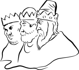 The three kings are depicted from the left in profile with crowns, hats and beards
