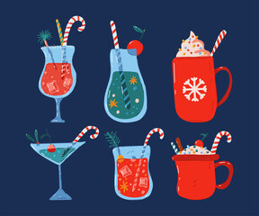 Christmas drink cocktails vector cartoon set isolated on background.