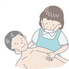 病気の男性の脱衣を介助する人のカラーイラスト