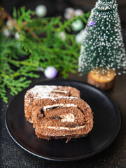 christmas roll cake chocolate new year meal sweet dessert copy space food background rustic 