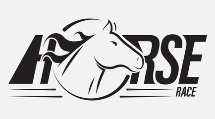 Silhouette of horse head on race. Emblem of horse racing competition. Simple black and white vector isolated on white background
