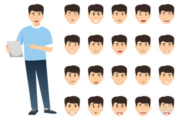 Businessman character set wearing business outfit with different facial expression and emotion sad angry happy unhappy cry posing standing cheerful isolated icon set