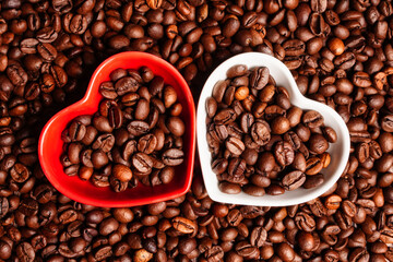 Two hearts full of coffee beans. Love symbol, greeting card for valentine's day. Good morning coffee drinker