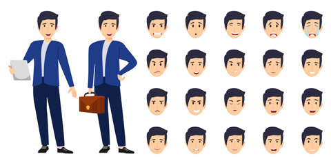 Modern businessman character set wearing business outfit with different facial expression and emotion sad angry happy unhappy posing standing cheerful isolated icon set