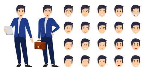 Fototapeta premium Modern businessman character set wearing business outfit with different facial expression and emotion sad angry happy unhappy posing standing cheerful isolated icon set