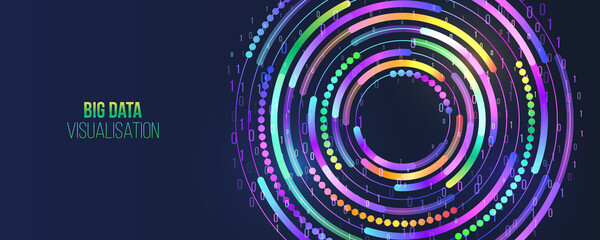 Modern Big data visualization. Processing of data arrays, sorting. Filtering machine algorithms. Data stream in the form of an array of circles and binary code. Vector database background.
