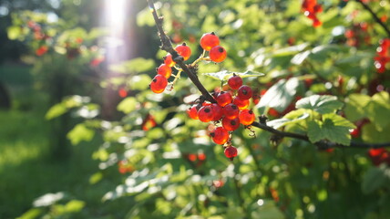 Red currant berries on the bush. Green bush and red berries.