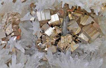 Quartz crystals beautiful pyrite cubes - obrazy, fototapety, plakaty