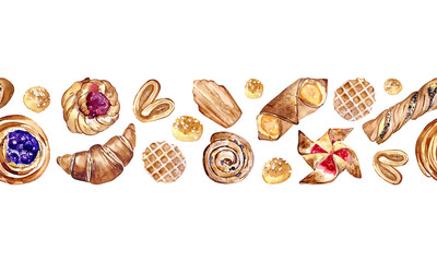 Seamless border of watercolor baked pastry