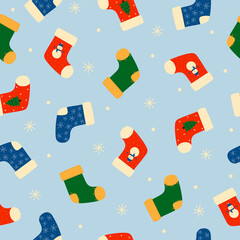 Seamless pattern of colorful Christmas socks and snowflakes. Doodle style. Christmas winter background. 