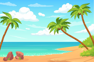 Obraz na płótnie Canvas Summer tropical island concept in flat cartoon design. Sandy beach with coconut palms and sea or ocean shore view. Summertime rest on seaside. Idyllic seascape scenery. Vector illustration background
