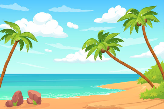Summer tropical island concept in flat cartoon design. Sandy beach with coconut palms and sea or ocean shore view. Summertime rest on seaside. Idyllic seascape scenery. Vector illustration background
