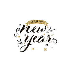 Black Happy New Year Font With Stars On White Background.